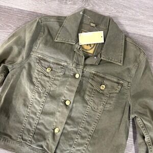 NWT Michael Kors Safari Green Cropped Denim Button Up Jacket Size L